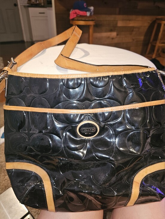 Coach Handbags - COACH Peyton Black Patent Shoulder Bag with Tan Trim